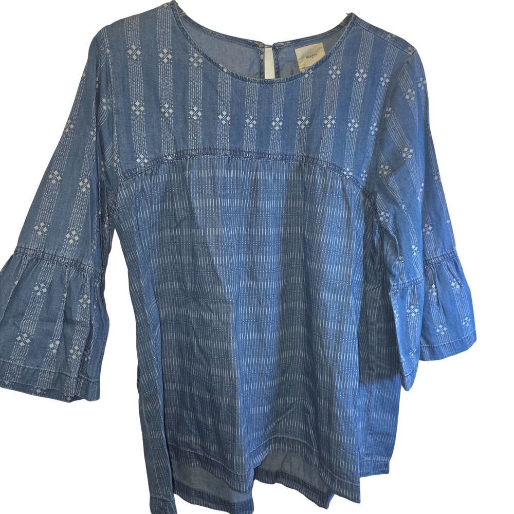 Francescas Harper Chambray‎ Pullover 3/4 Sleeve Blouse Sz Large Blue